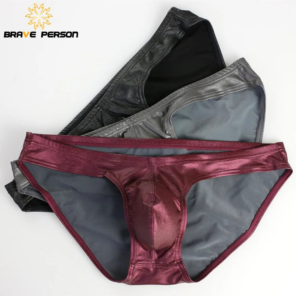 BRAVE PERSON Underwear Men Briefs Sexy Low-waist Underpants Men's Imitation Leather Bright Fabric Panties Shorts