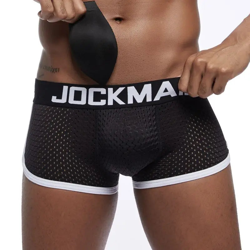 JOCKMAIL Sexy Men underwear Boxers Men's Padded Enhancing Removable front and bottom Breathable Mesh Gay Underwear Spring summer