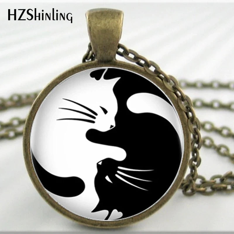 HZ--A376 Fashion newest Two Yin Yang Cats Necklace Pendant bronze glass Cabochon Long Chain Statement Necklace For women HZ1