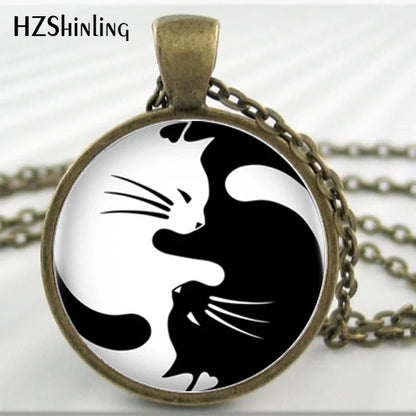 HZ--A376 Fashion newest Two Yin Yang Cats Necklace Pendant bronze glass Cabochon Long Chain Statement Necklace For women HZ1