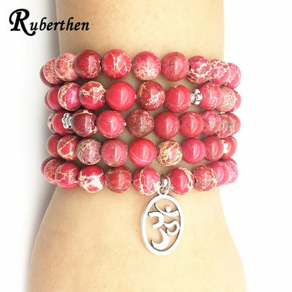 Ruberthen Fashion Yoga Ohm Bracelet New Design Women`s Healing Spiritual Jewelry Trendy Natural Red Regalite 108 Mala Bracelet
