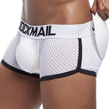 JOCKMAIL Sexy Men underwear Boxers Men's Padded Enhancing Removable front and bottom Breathable Mesh Gay Underwear Spring summer