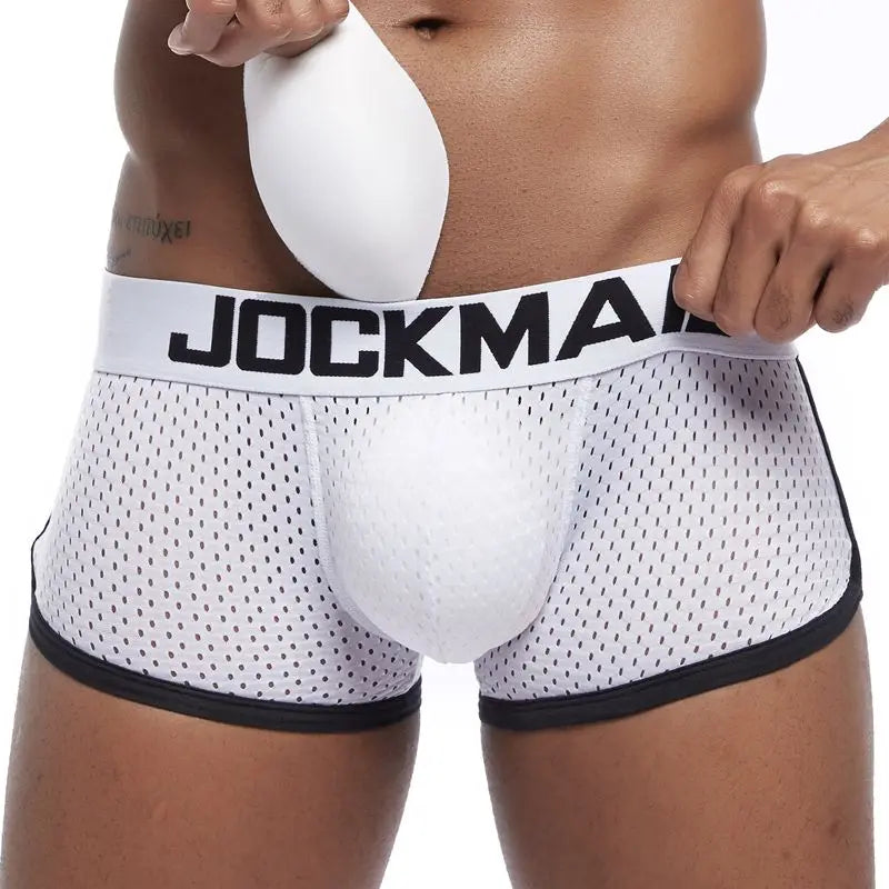 JOCKMAIL Sexy Men underwear Boxers Men's Padded Enhancing Removable front and bottom Breathable Mesh Gay Underwear Spring summer
