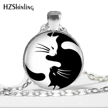 HZ--A376 Fashion newest Two Yin Yang Cats Necklace Pendant bronze glass Cabochon Long Chain Statement Necklace For women HZ1