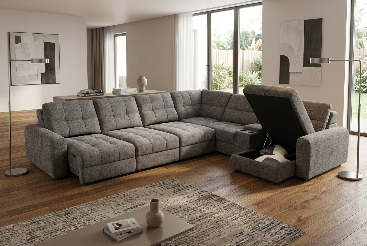 Haven Gunmetal 7-Piece Sleeper Sectional with Sliding Seats and Storage