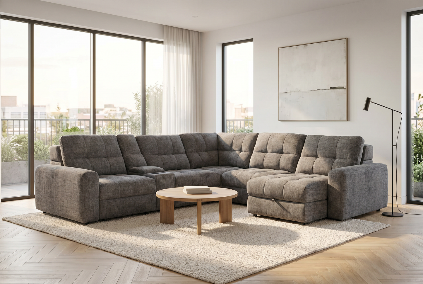 Haven Gunmetal 7-Piece Sleeper Sectional with Sliding Seats and Storage