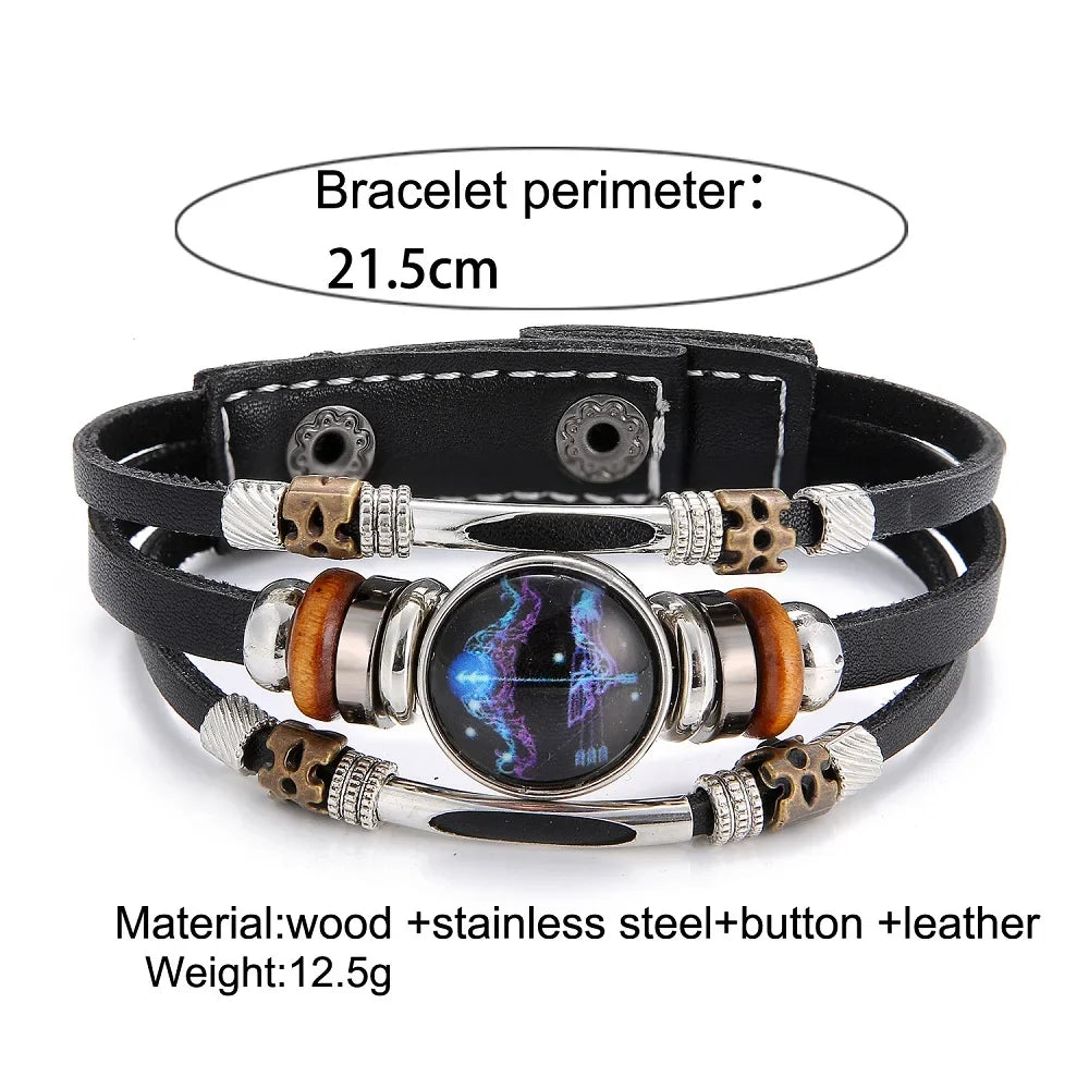 Charm Jewelry 12 Zodiac Weave Bracelets for Women Vintage Multi-layer Stainless Steel 12 Constellations Leather Bracelet