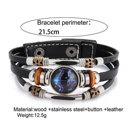 Charm Jewelry 12 Zodiac Weave Bracelets for Women Vintage Multi-layer Stainless Steel 12 Constellations Leather Bracelet