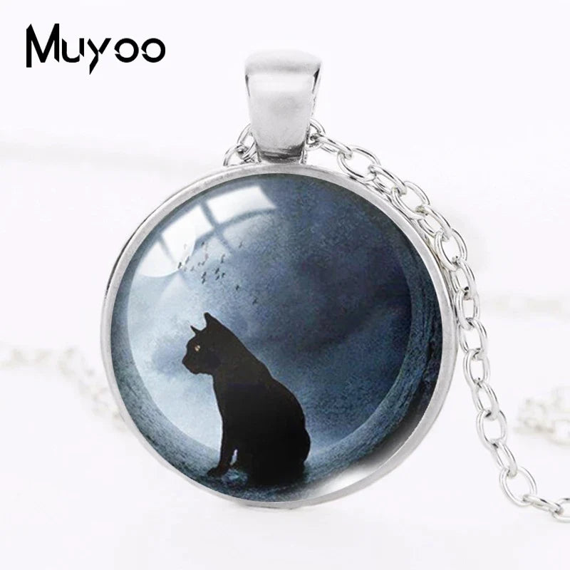 2021 New Cat with Moon Pendant Necklace Witchcraft Painting Round Print Photo Necklaces Glass Dome Jewelry Gifts