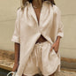 Fashion Solid Shirt Home Suits Casual Short Sleeve Tops + Drawstring Shorts Two Piece Set 2024 Summer Women Button Loose Outfit