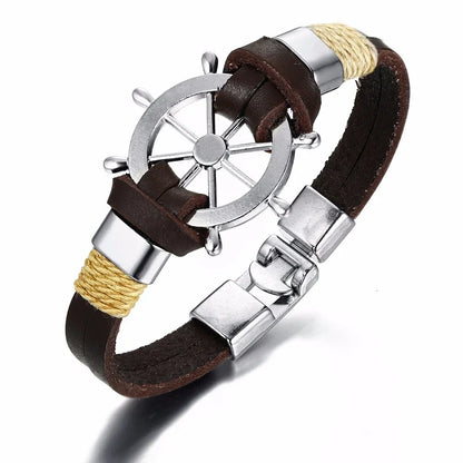 Vnox Mens Vintage Rudder Charm Bracelets Multi-layer Leather Rope Chain Wrist Bangles Jewelry