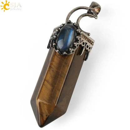 CSJA Natural Stone Crystal Pendants Semi-Precious Necklace Half Moon Pendant Antique Silver Color Hexagon Column Suspension G253