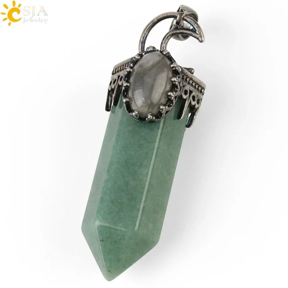 CSJA Natural Stone Crystal Pendants Semi-Precious Necklace Half Moon Pendant Antique Silver Color Hexagon Column Suspension G253