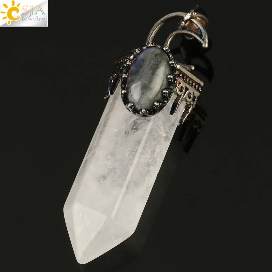 CSJA Natural Stone Crystal Pendants Semi-Precious Necklace Half Moon Pendant Antique Silver Color Hexagon Column Suspension G253