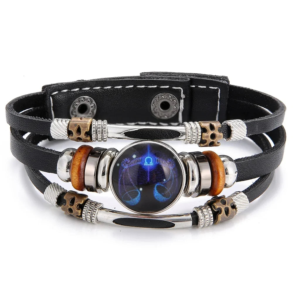 Charm Jewelry 12 Zodiac Weave Bracelets for Women Vintage Multi-layer Stainless Steel 12 Constellations Leather Bracelet