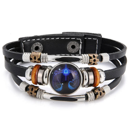 Charm Jewelry 12 Zodiac Weave Bracelets for Women Vintage Multi-layer Stainless Steel 12 Constellations Leather Bracelet
