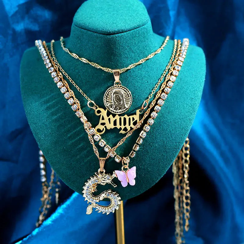 New Multi Layer Butterfly Dragon Charms Crystal Necklaces For Women Punk Golden Angel Letter Clavicle Chain Hiphop Gifts Jewelry