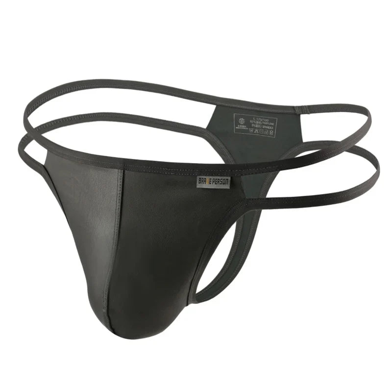 BRAVE PERSON Men Briefs Sexy Underwear Men Thongs  Imitation Leather Fabric Double Belts Design Sissy Panties Thongs for Man