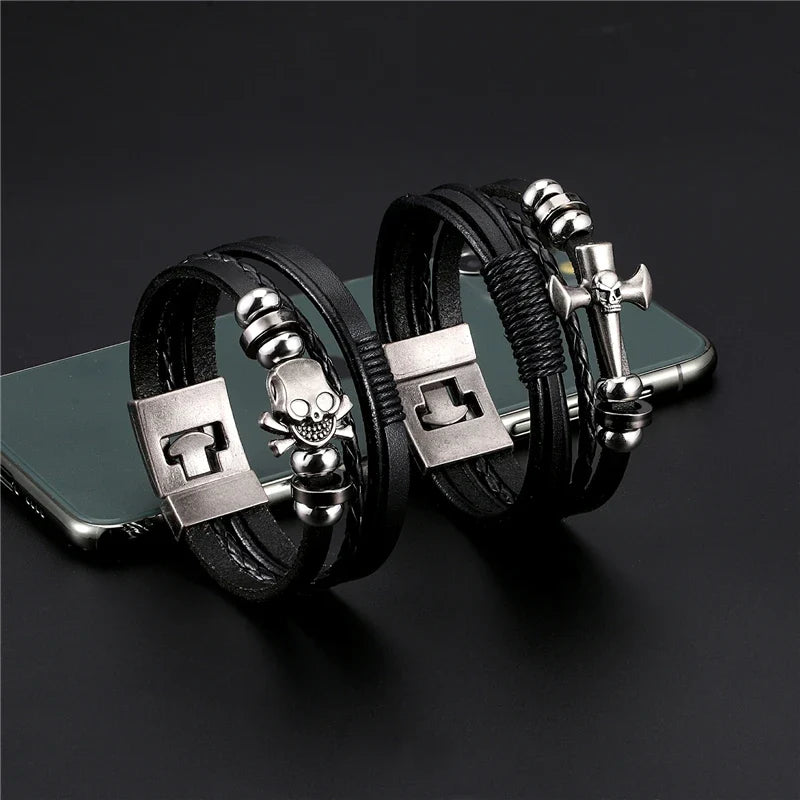 YIZIZAI Fashion Bracelete Genuine Leather Multilayer Anchor Bracelet Men Vintage Punk Rock Women Alloy Beads Nautical Jewelry