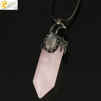 CSJA Natural Stone Crystal Pendants Semi-Precious Necklace Half Moon Pendant Antique Silver Color Hexagon Column Suspension G253