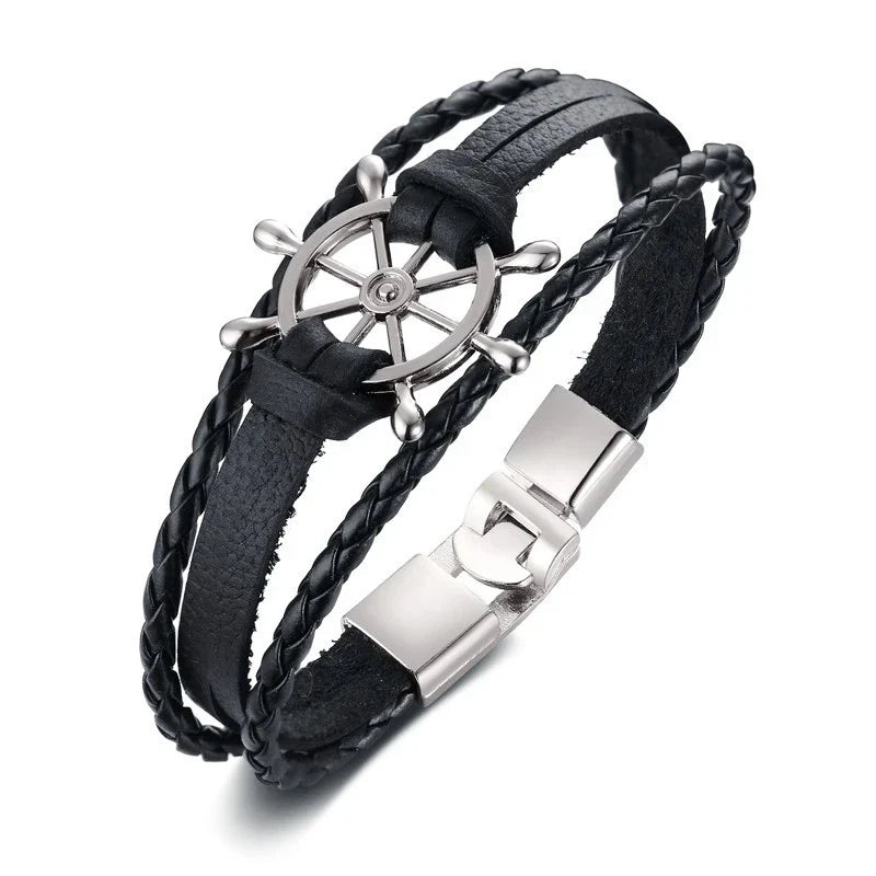 Vnox Mens Vintage Rudder Charm Bracelets Multi-layer Leather Rope Chain Wrist Bangles Jewelry