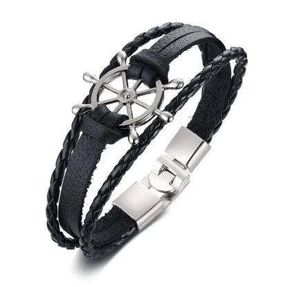 Vnox Mens Vintage Rudder Charm Bracelets Multi-layer Leather Rope Chain Wrist Bangles Jewelry