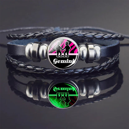 Glow In The Dark Constellation Gemini Bracelet  Braided Leather Bracelet Zodiac Gemini Jewelry Birthday Present