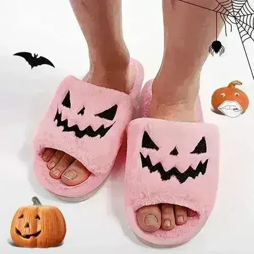 Halloween Pumpkin Fuzzy Slippers Soft Plush Cozy Open Toe Women Slides