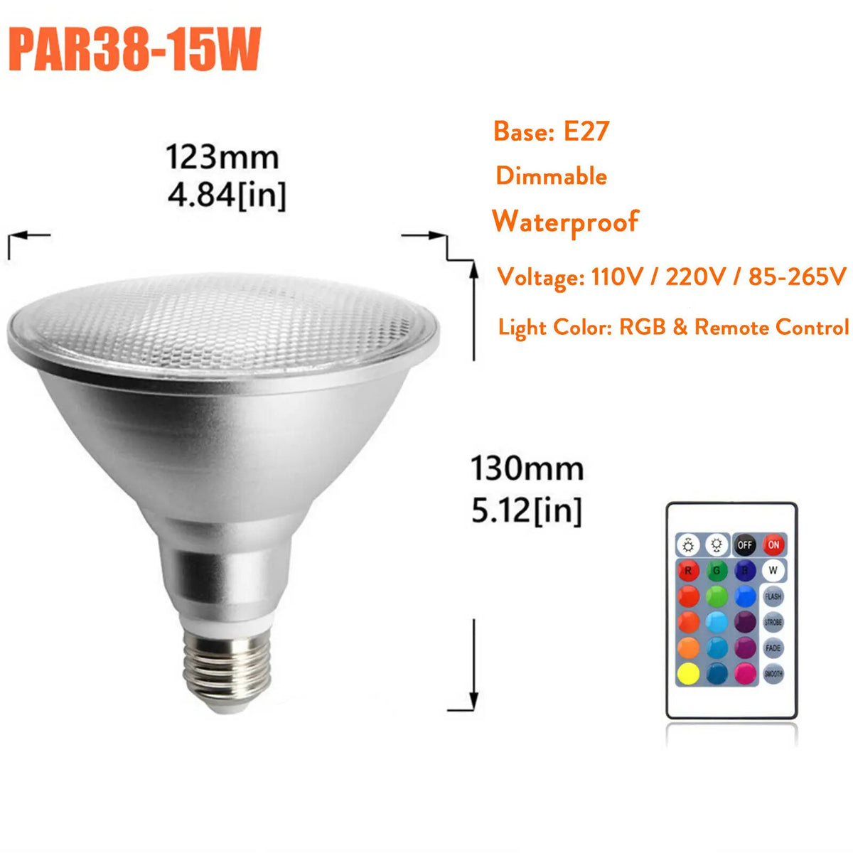 Dimmable RGB PAR30 PAR38 Par Light E27 15W 25W LED Spotlight Bulb Flood Lamp Remote Control Multicolor Home Decoration 110V 220V