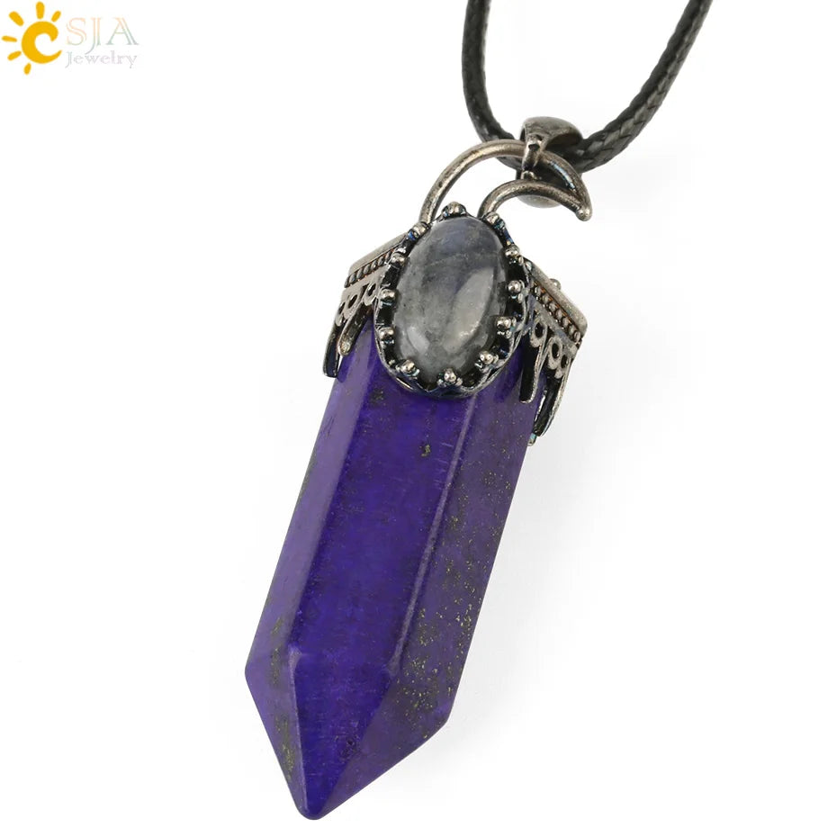 CSJA Natural Stone Crystal Pendants Semi-Precious Necklace Half Moon Pendant Antique Silver Color Hexagon Column Suspension G253