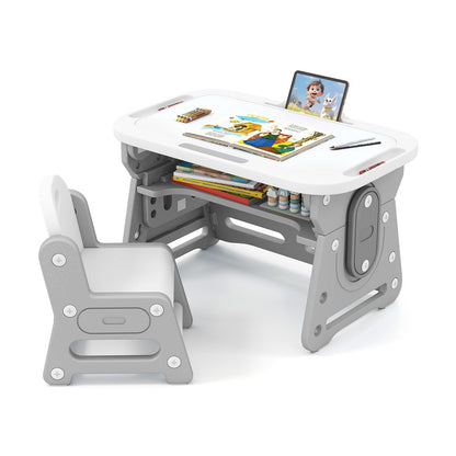 Height Adjustable Kids Table and Chair Set with Tiltable Whiteboard and Concave Shelf
