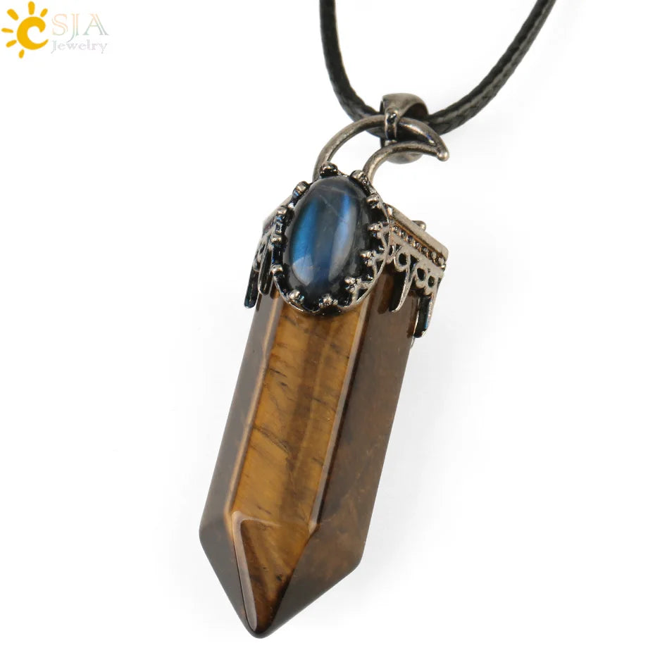 CSJA Natural Stone Crystal Pendants Semi-Precious Necklace Half Moon Pendant Antique Silver Color Hexagon Column Suspension G253