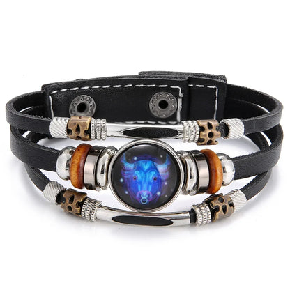 Charm Jewelry 12 Zodiac Weave Bracelets for Women Vintage Multi-layer Stainless Steel 12 Constellations Leather Bracelet