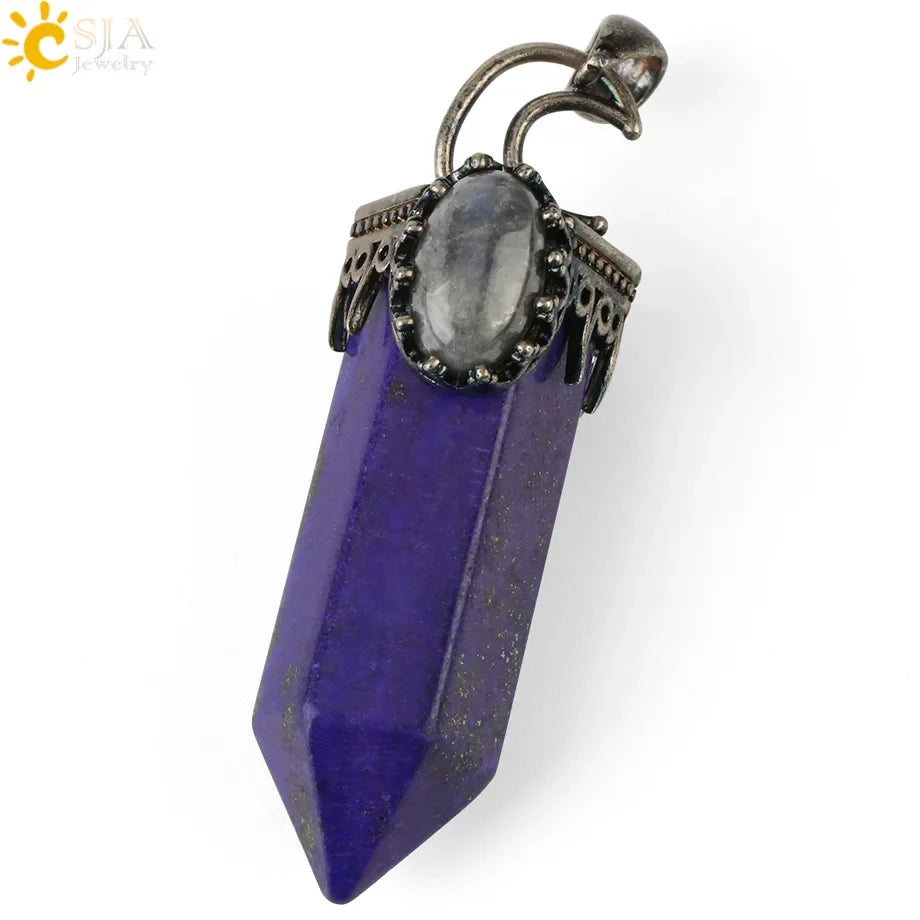 CSJA Natural Stone Crystal Pendants Semi-Precious Necklace Half Moon Pendant Antique Silver Color Hexagon Column Suspension G253