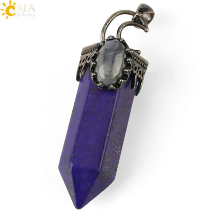 CSJA Natural Stone Crystal Pendants Semi-Precious Necklace Half Moon Pendant Antique Silver Color Hexagon Column Suspension G253