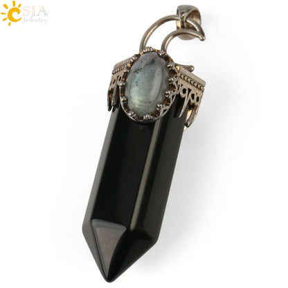 CSJA Natural Stone Crystal Pendants Semi-Precious Necklace Half Moon Pendant Antique Silver Color Hexagon Column Suspension G253