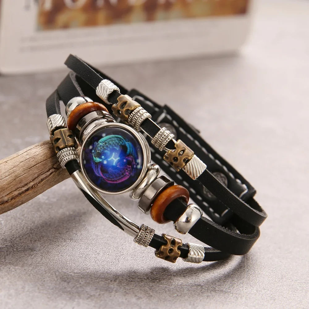 Charm Jewelry 12 Zodiac Weave Bracelets for Women Vintage Multi-layer Stainless Steel 12 Constellations Leather Bracelet