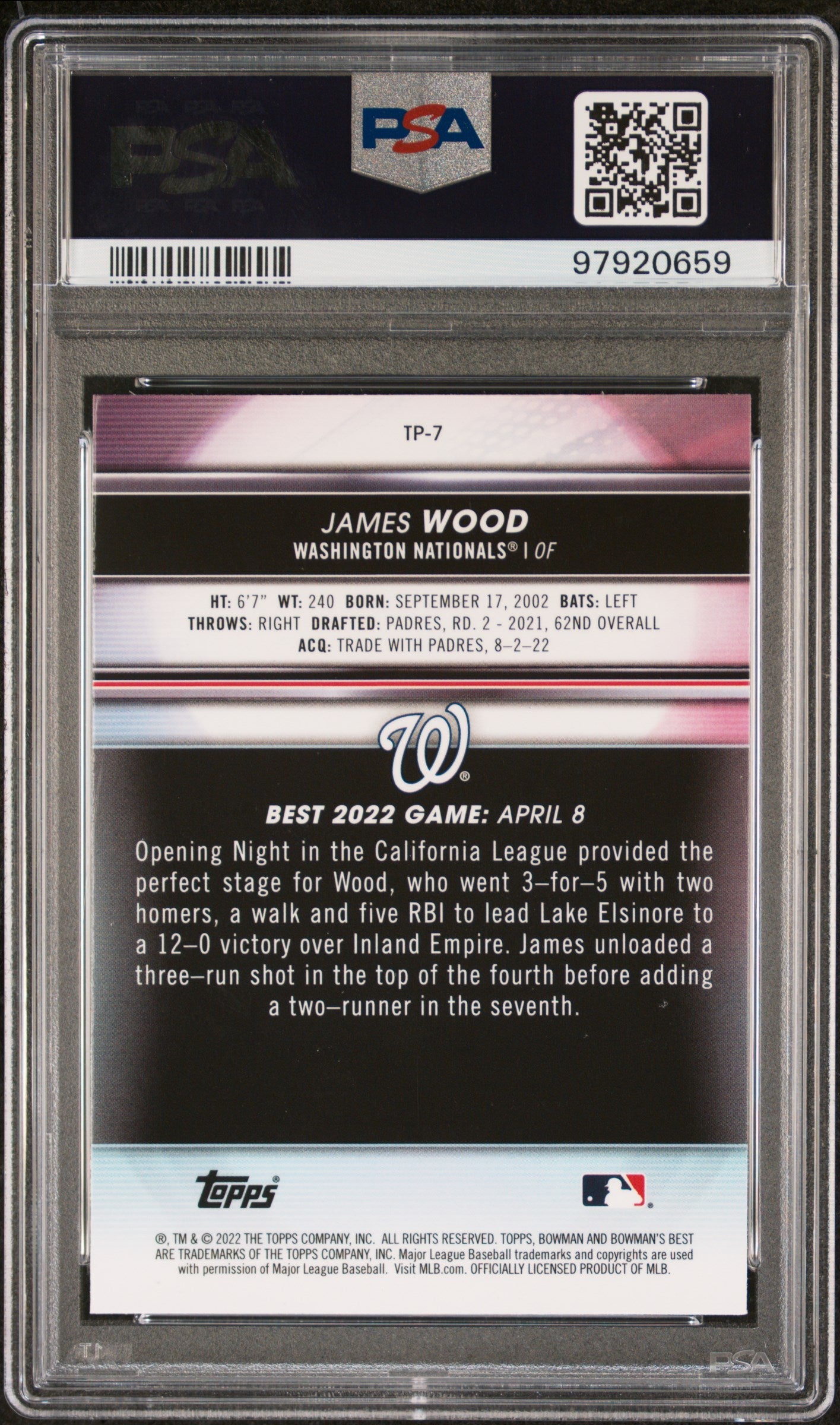 Graded 2022 Topps Bowmans Best James Wood #TP7 Top Prospects Atomic Refractor Rookie RC Baseball Card PSA 10 Gem Mint
