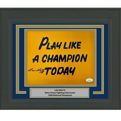 Framed Autographed/Signed Lou Holtz Play Like A Champion Today Notre Dame Irish 8x10 College Football Photo JSA COA