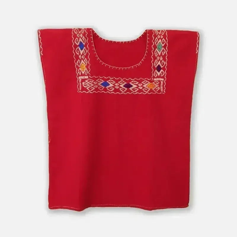 Red Blouse Huipil with Colorful Hand Stitched on