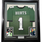 Framed Autographed/Signed Jalen Hurts 35x39 #1 Philadelphia Green Football Jersey JSA COA