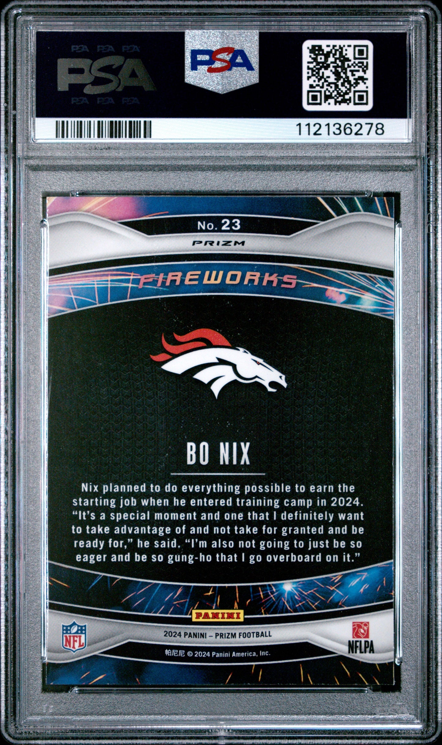 Graded 2024 Panini Prizm Bo Nix #23 Fireworks Green Wave Rookie RC Football Card PSA 10 Gem Mint