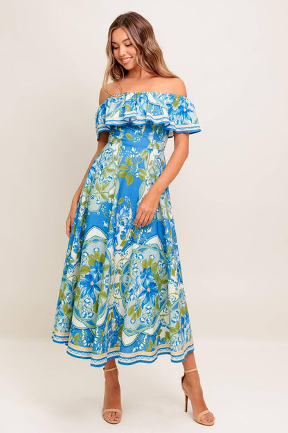 TROPICAL HAZE POWDER BLUE WOVEN MIDI DRESS