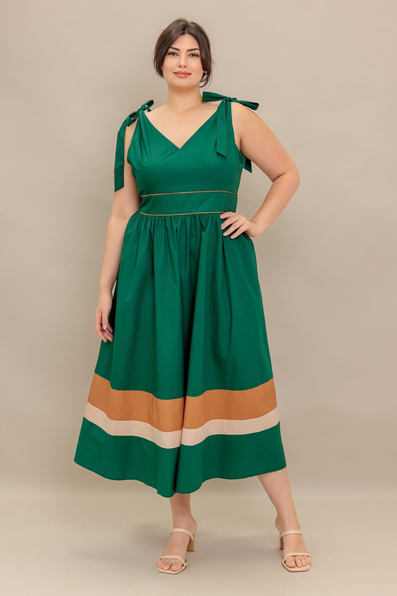 FOREST CHARM WOVEN COLOR BLOCKED MIDI DRESS