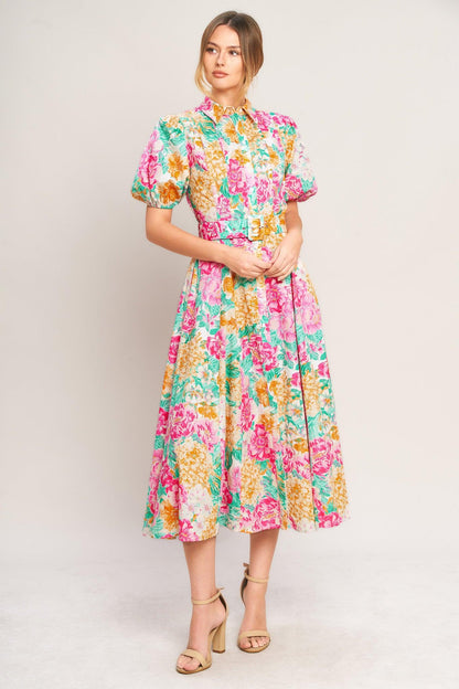 BLOOMING GARDEN WOVEN MIDI DRESS