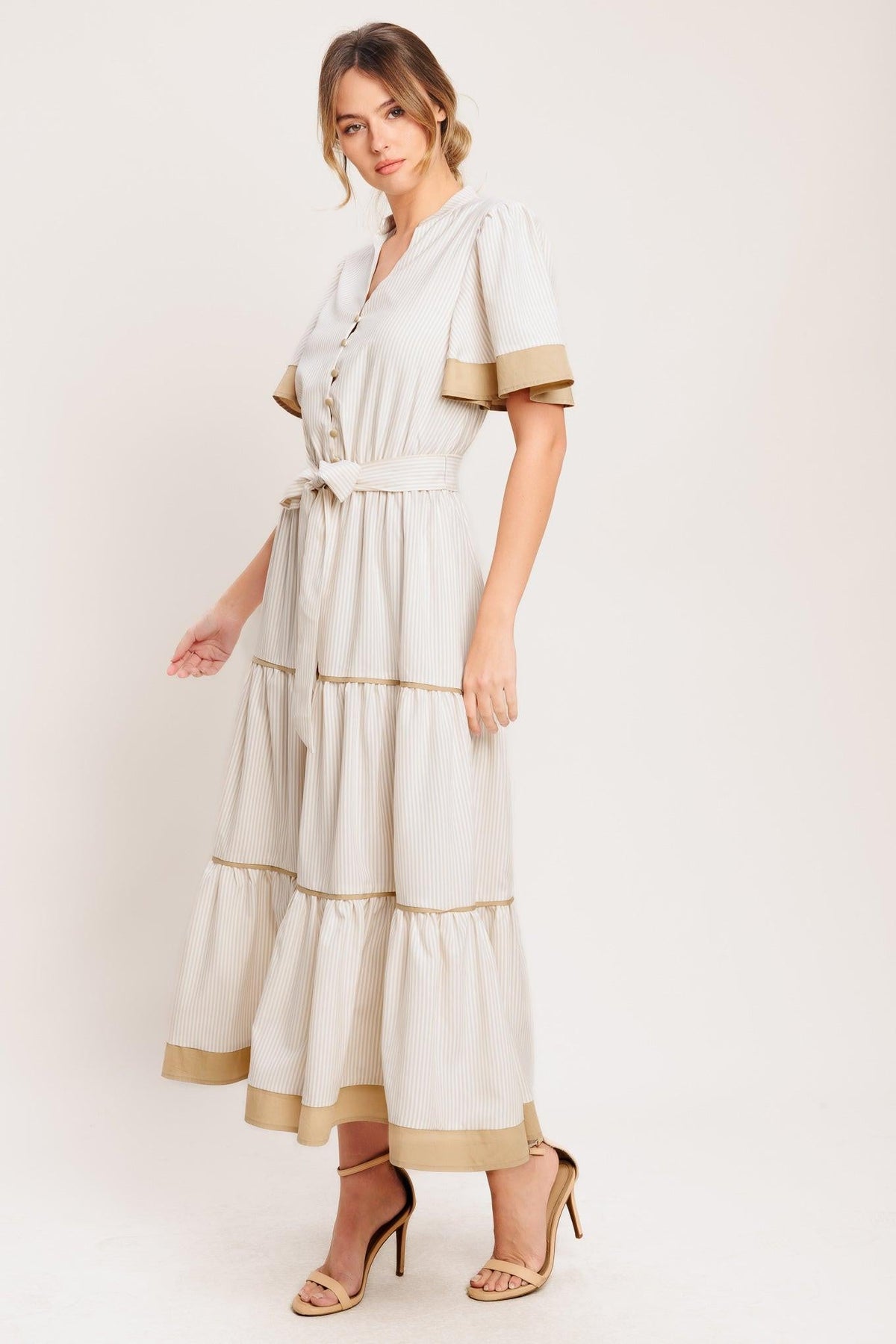 PARIS MORNING TAUPE WOVEN MIDI DRESS