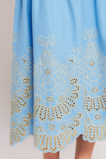 SKY BLOOM WOVEN EYELET MIDI SKIRT
