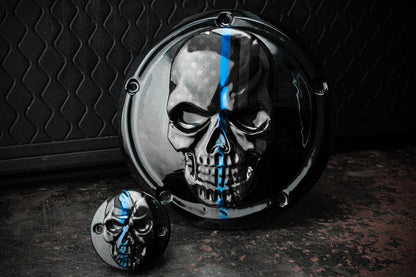 Points and Derby cover with Thin blue line ghosted American flag gloss black background