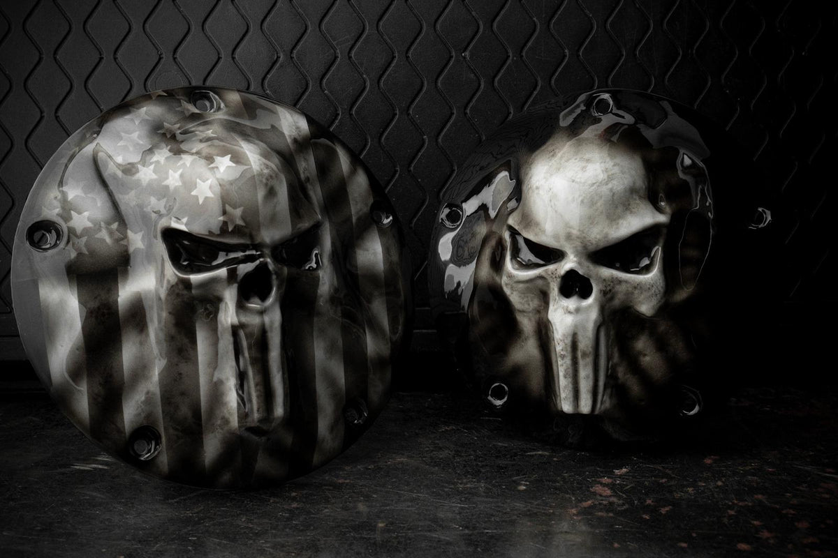 GHOSTED Punisher skull stretching through flag Harley derby and points cover