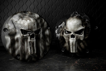 GHOSTED Punisher skull stretching through flag Harley derby and points cover